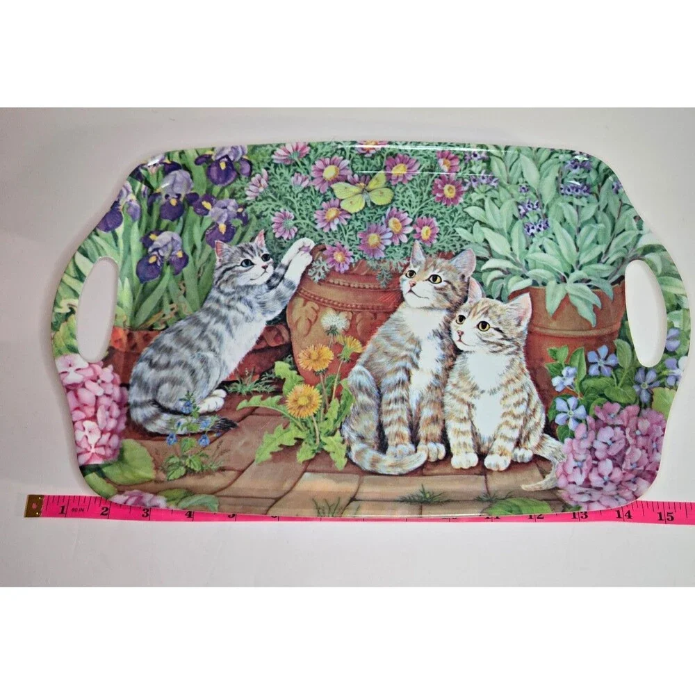 Melamine Ware Flowers/Felines Kittens Cats Rectangle Serving Tray Raised Edge